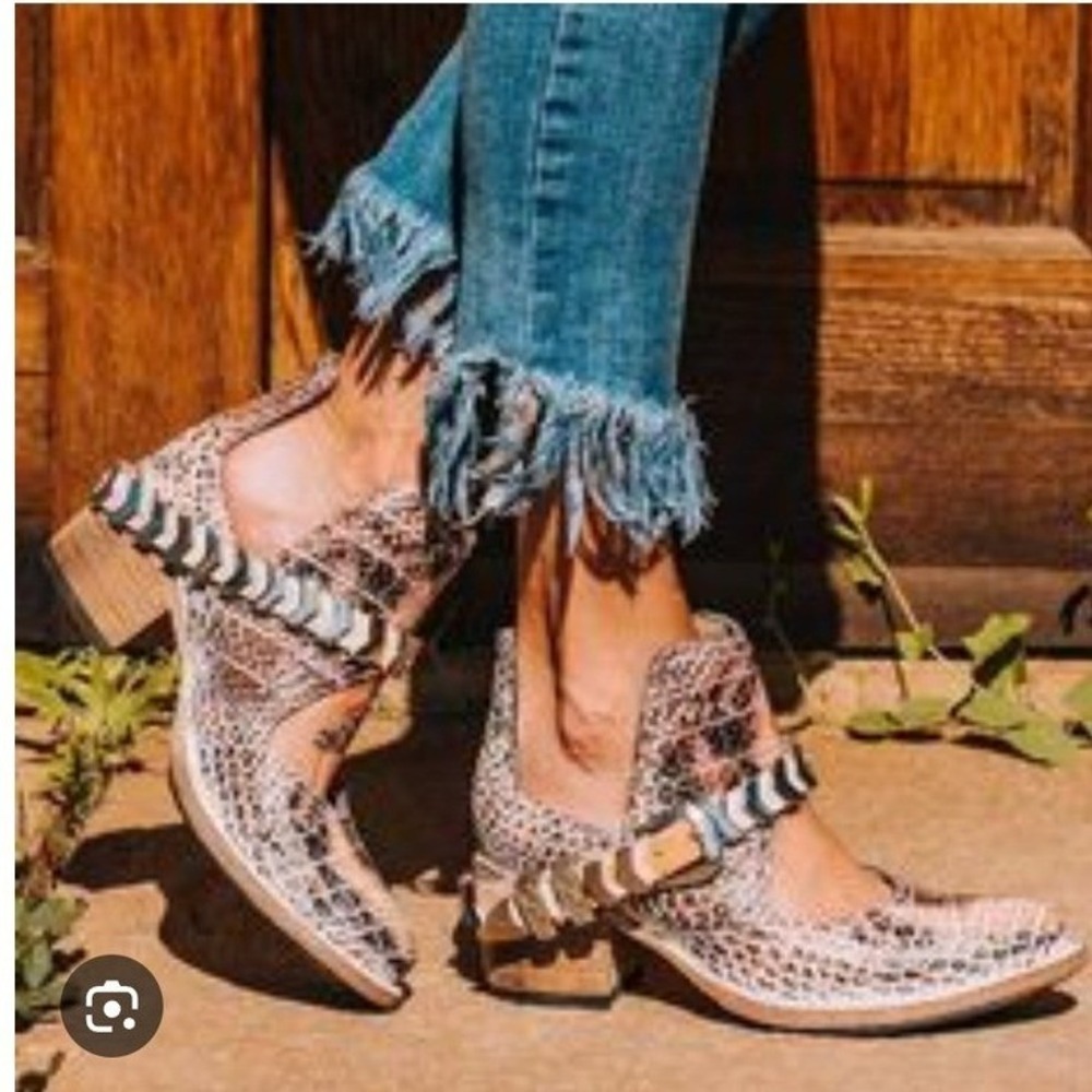 Freebird by Steven Blade booties snake-print leather w/ chevron buckle strap 9